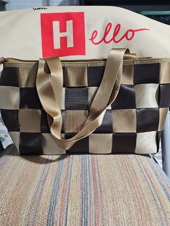 Comely Handbags - Comely Woven Checker Seat belt Tote Bag in Brown & Gold - With Dust Cover